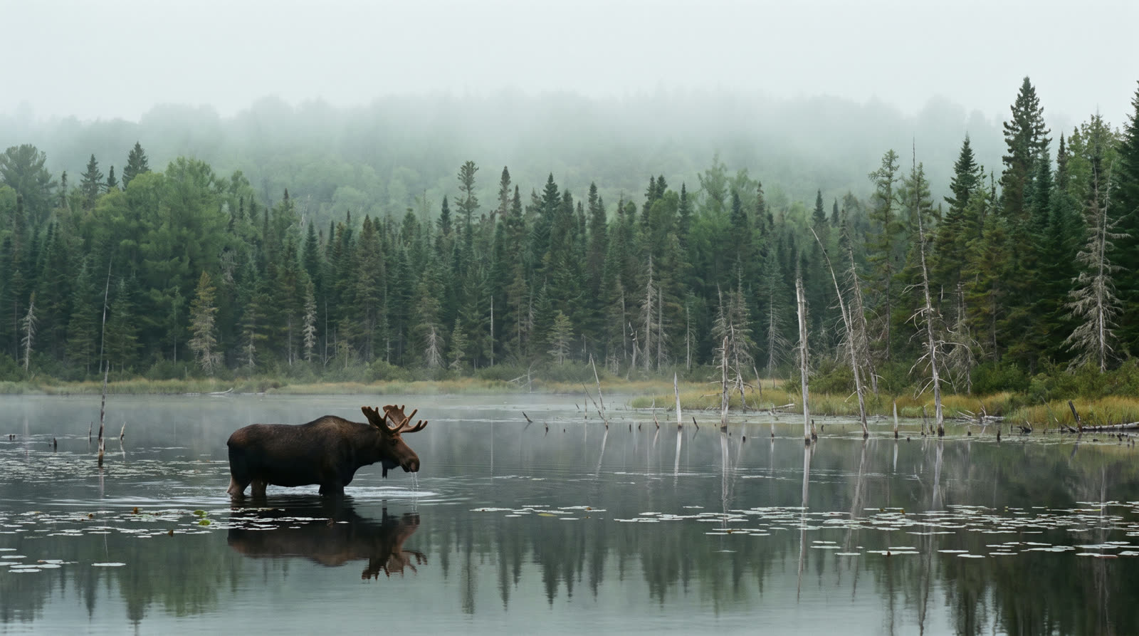 A misty beaver pond in Algonquin, a bull moose standing in the shallows