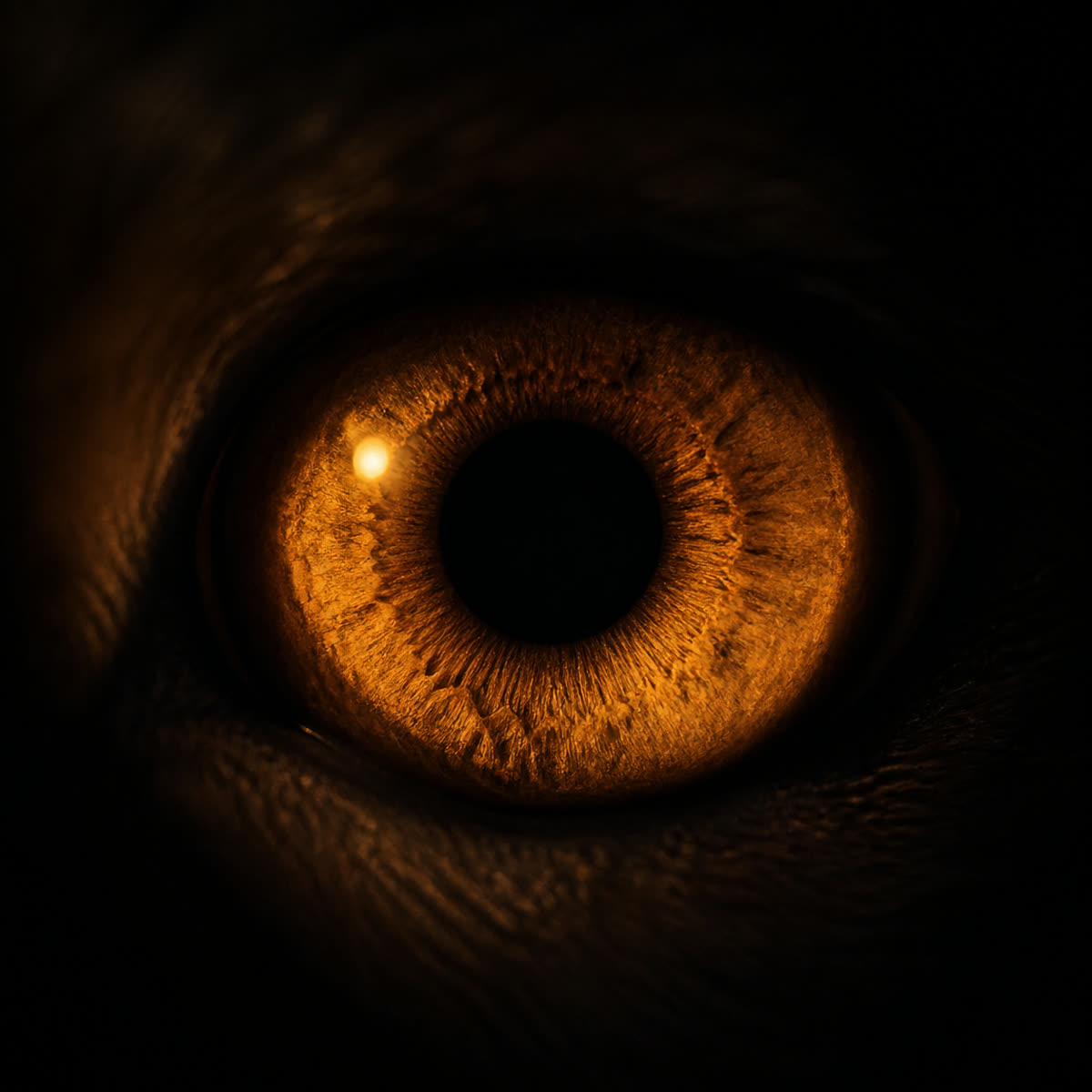 The eye of an animal, lit warm, looking back